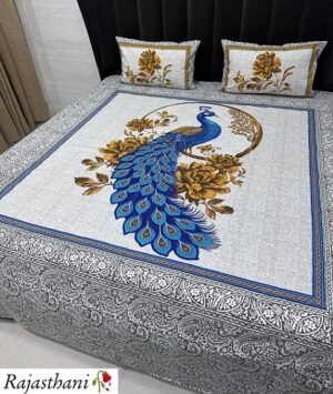 Rajasthani King Size Pure Cotton Panel Print Bedsheet with 2 Pillow Cover