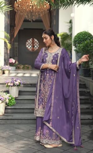 Orphic Home Embroidered Chinnon Silk Palazzo Suit (Lilac Color)