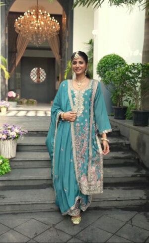 Orphic Home Embroidered Chinnon Silk Palazzo Suit (Aqua Color)