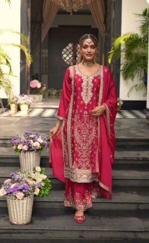 Orphic Home Embroidered Chinnon Silk Palazzo Suit (Red Color)