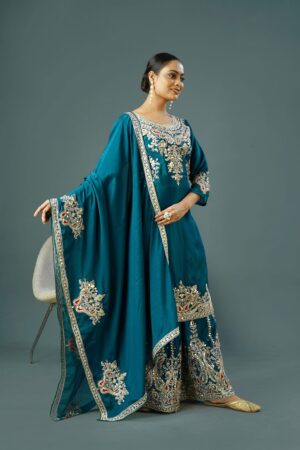 Pure Chinon Silk With Heavy Embroidery 5mm  codding Sequence Work Plazzo Set (TEAL)