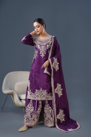 Pure Chinon Silk With Heavy Embroidery 5mm  codding Sequence Work Plazzo Set (PURPLE)