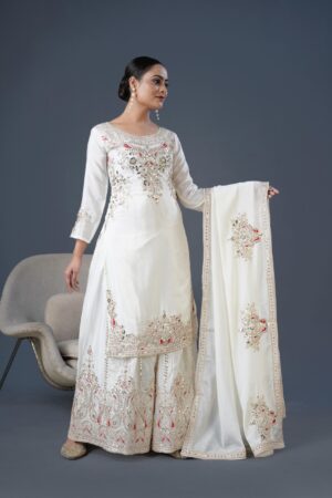 Pure Chinon Silk With Heavy Embroidery 5mm  codding Sequence Work Plazzo Set (WHITE)