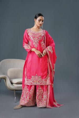Pure Chinon Silk With Heavy Embroidery 5mm  codding Sequence Work Plazzo Set (PINK)
