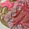 Gold Soft Silk Saree with Exclusive Embroidery and Contrast Blouse - Image 3