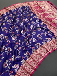Premium Banarasi Soft Silk Saree with Rose Gold Zari Meenakari & Brocade Blouse