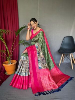 Bandhej Kalamkari Saree With Blouse