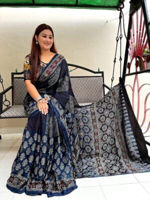 Ajrakh Digital Print Muslin Fabric Saree With Blouse