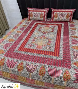 Ajrakh King Size Pure Cotton Printed Bedsheet with 2 Pillow Cover